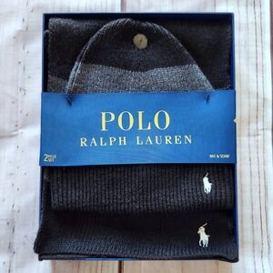NWT Polo Ralph Lauren Beanie Hat & Scarf Gift Set Stripe Grey Gray Black Unisex